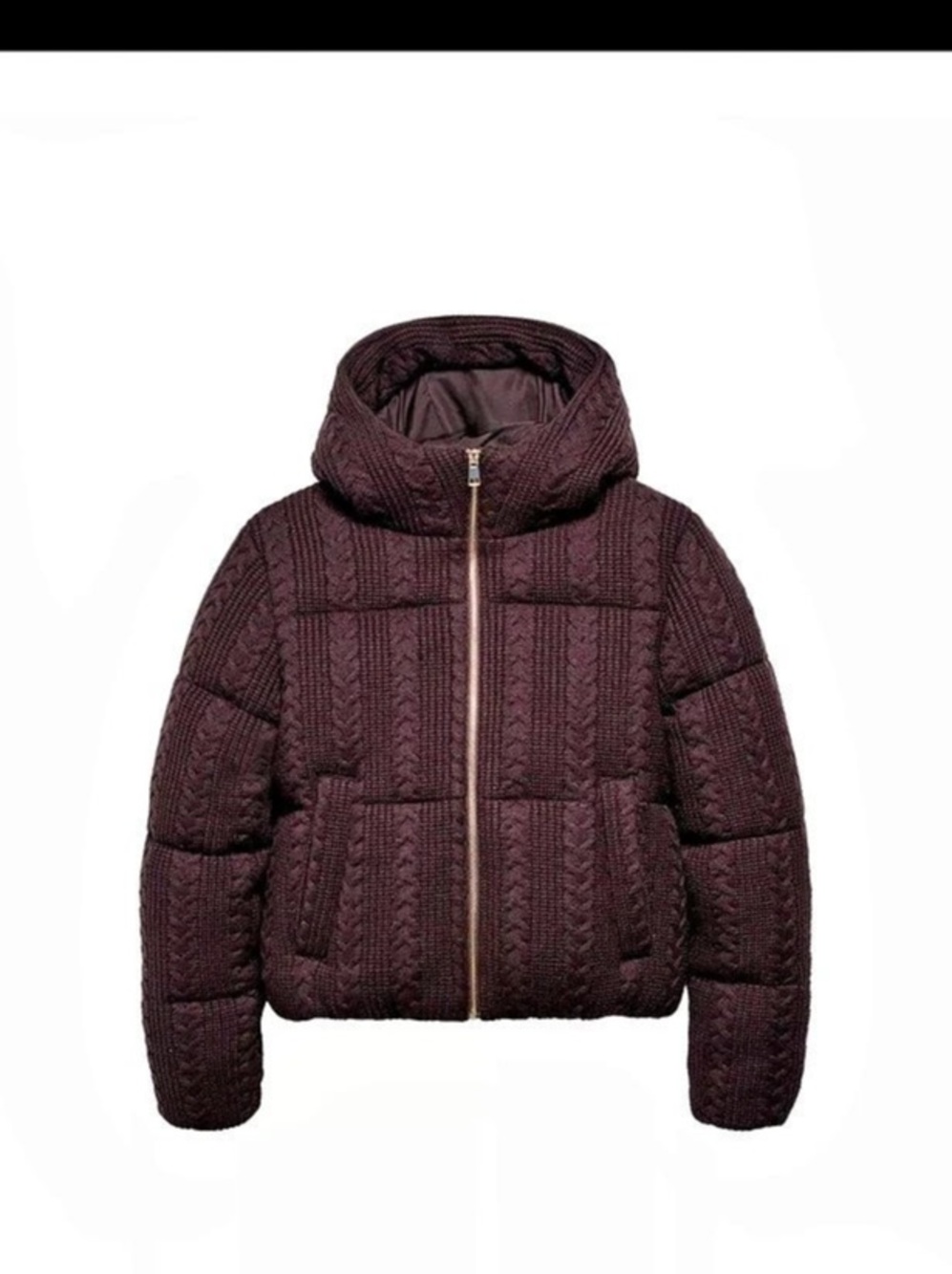 Zara Cable Knit Hooded Puffer Jacket in Burgundy/Brown Size Small BNWT